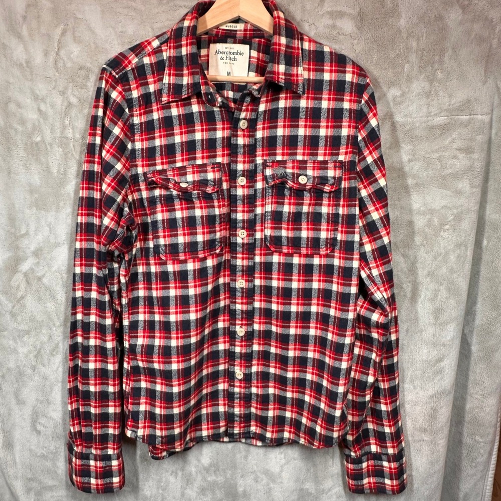 Abercrombie & Fitch Mens Muscle Fit Flannel Shirt Red Blue Plaid M